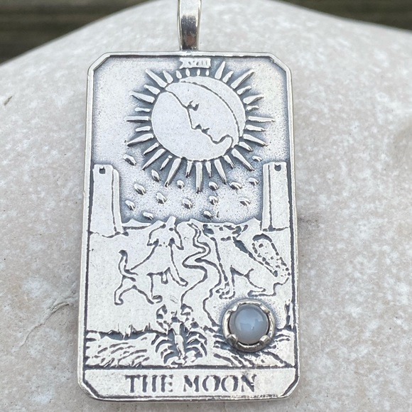 Moon Tarot Card Pendant .925 Sterling Silver w/ genuine Gray moonstone USA - Picture 1 of 9